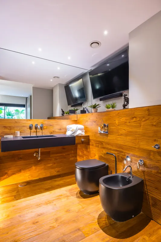 Doppio lavabo sulla parete in legno, specchio e TV, bagno en suite di Santopaolo 1